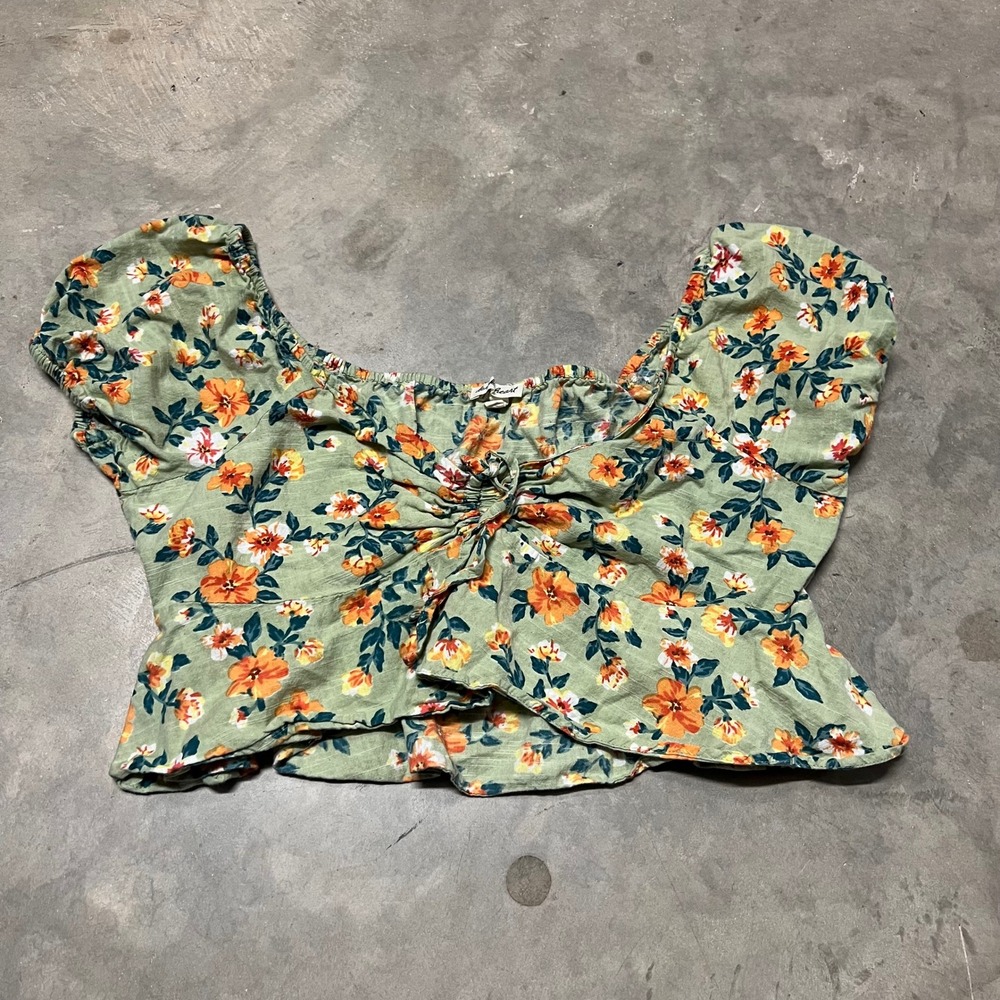 Derek Heart Green Floral Cotton Crop Top Sweetheart Tie Front Size XL ACJW154